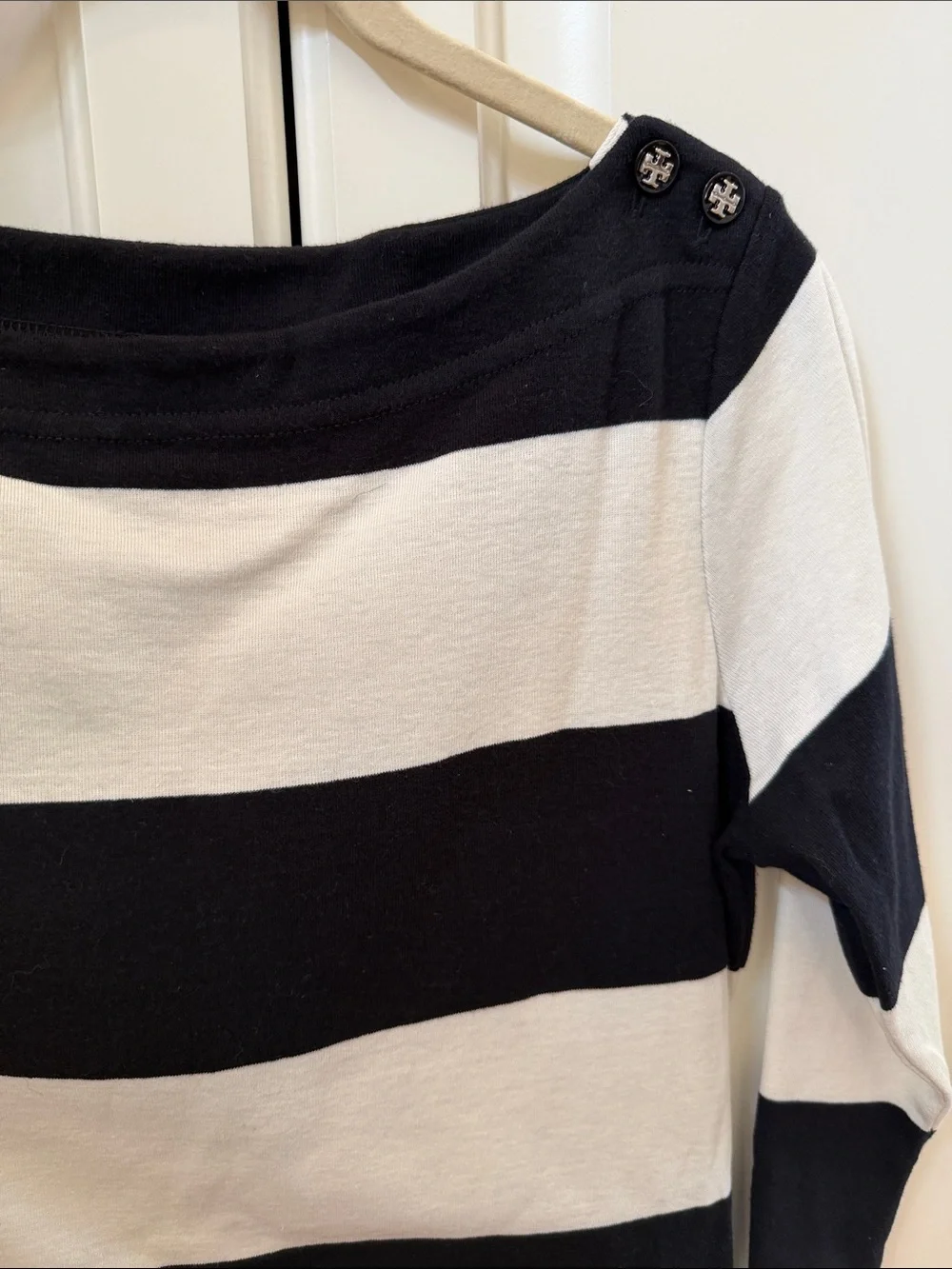 Tory Burch boatneck Black and White Striped 3/4 Sleeve Tee